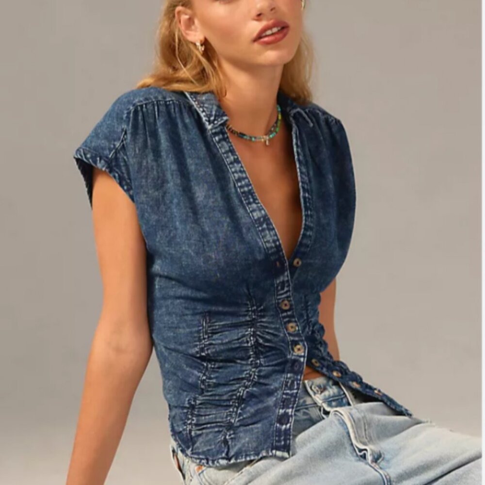 Pilcro Ruched Denim Blouse in XS NWT